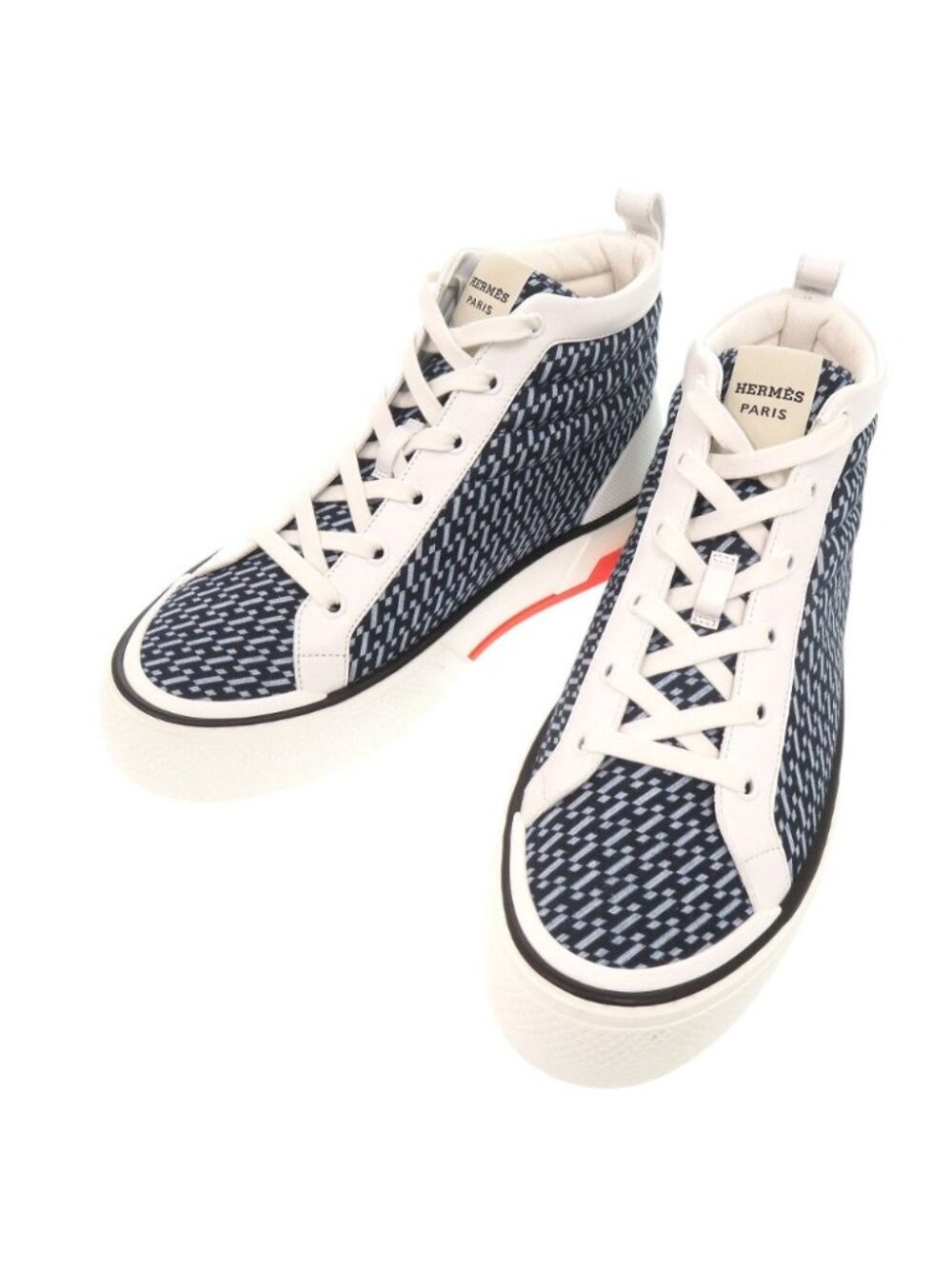 Hermes Gad Canvas Leather Navy White High-Top Sneakers 40